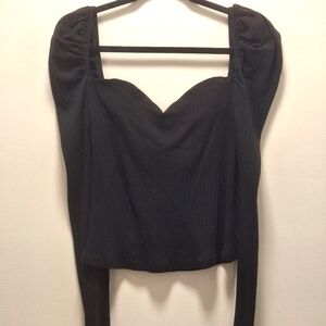 Sweetheart Neckline Puffed Long Sleeve Ribbed Top | Black | Size M
